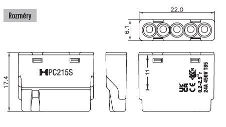 Svorka krabicová miniaturní PC215S bezšroubová 5x 0,2-2,5 mm2, transparentní/šedá
