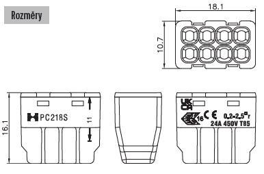 Svorka krabicová miniaturní PC218S bezšroubová 8x 0,2-2,5 mm2, transparentní/černá